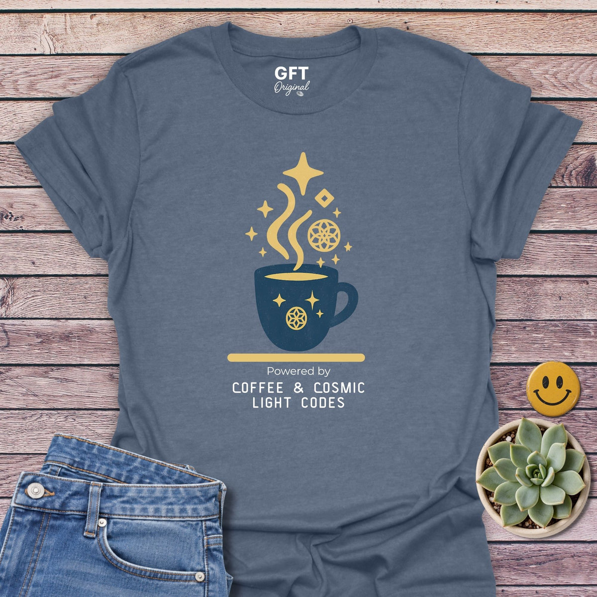 Coffee & Cosmic Light Codes Classic Tee in Heather Indigo