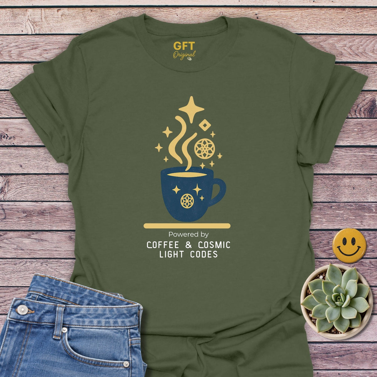 Coffee & Cosmic Light Codes Classic Tee in Military Green