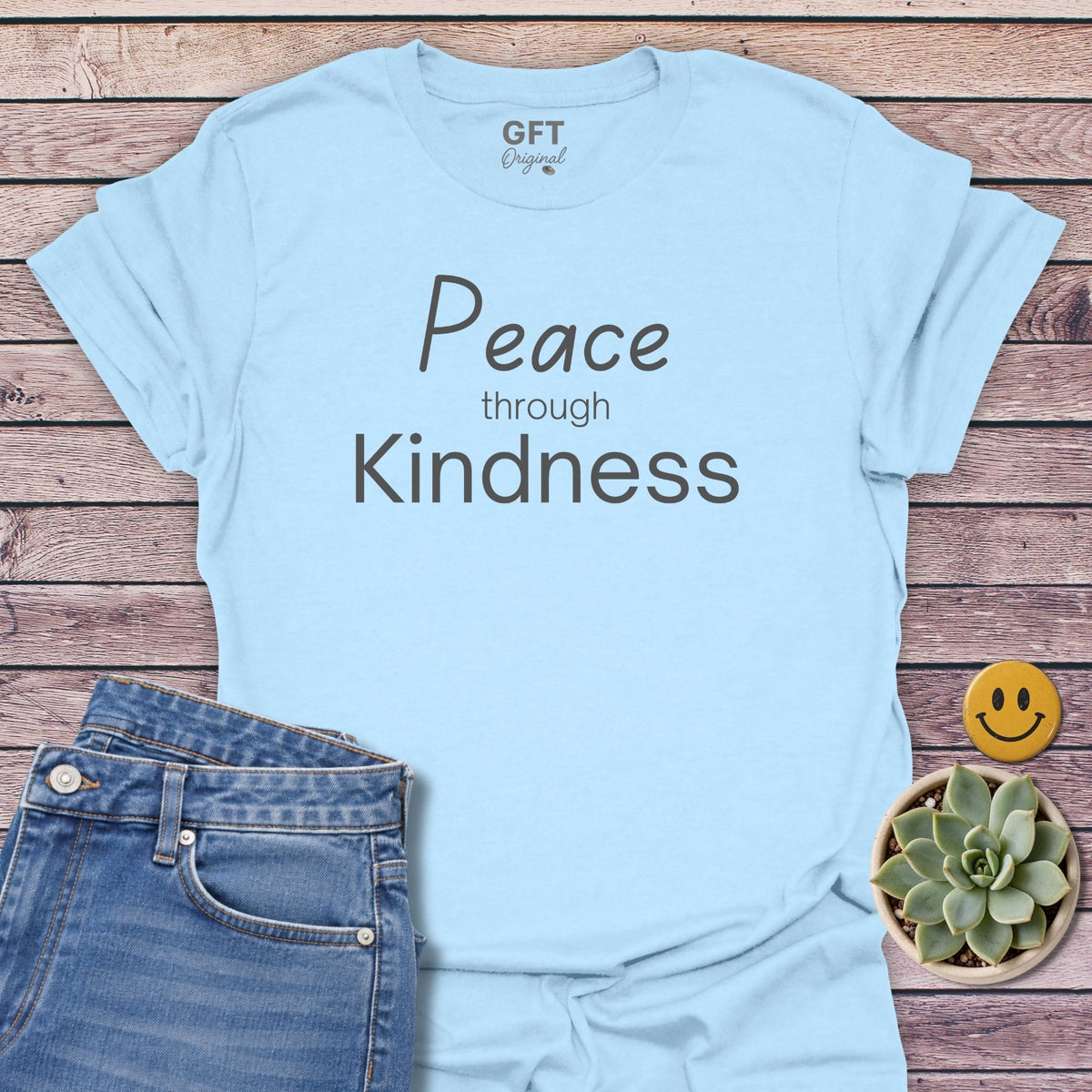 Peace through Kindness T-Shirt in Light Blue