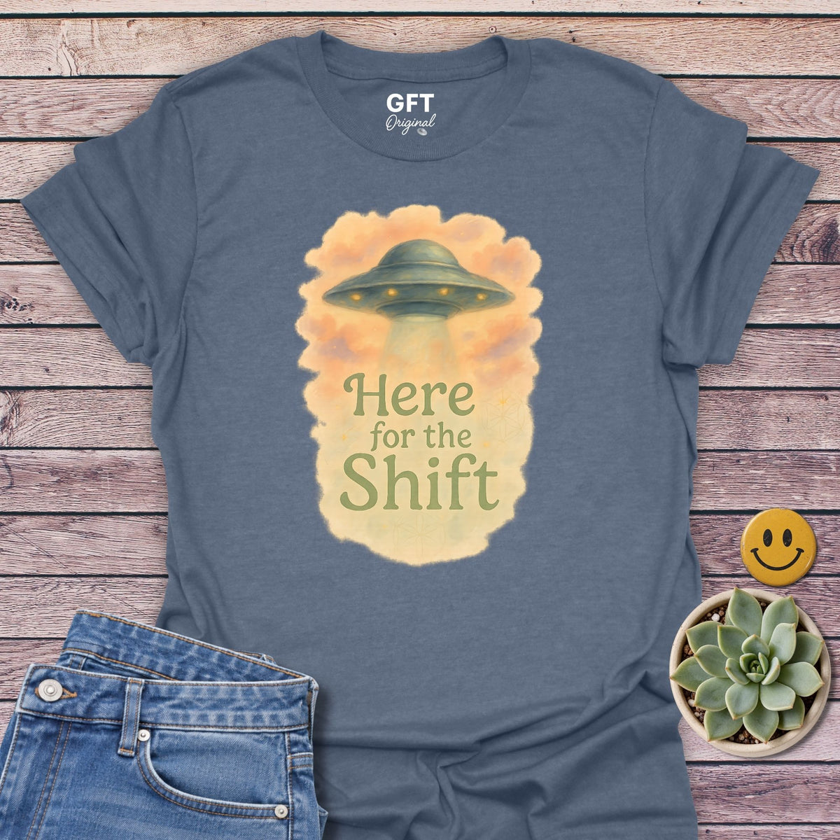Here for the Shift UFO T-Shirt in Heather Indigo