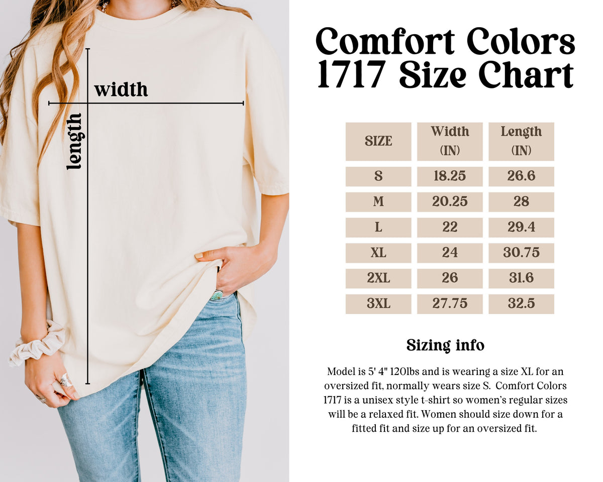 Comfort Colors 1717 size chart, width and length in inches, sizes S to 3XL