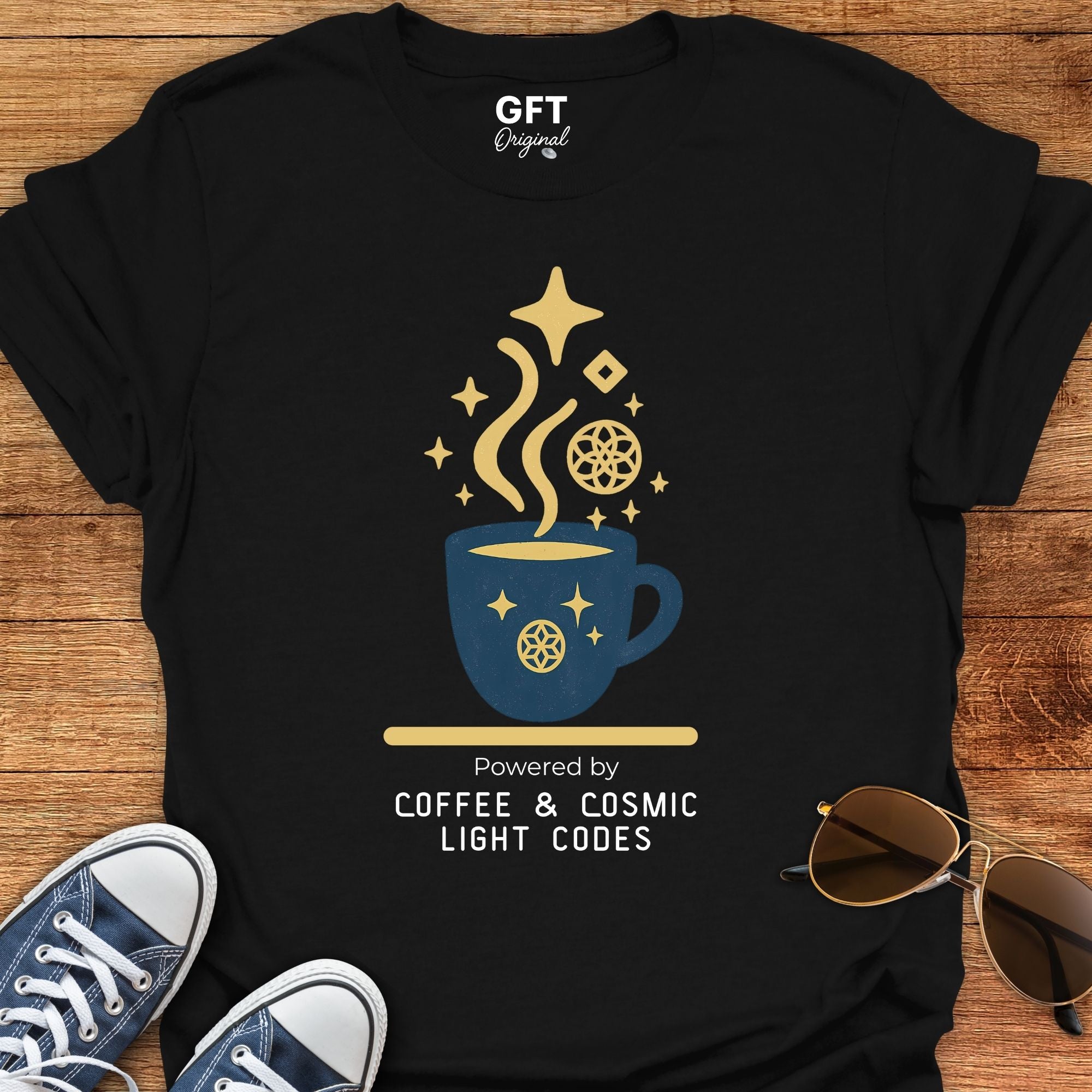 Powered by Coffee & Cosmic Light Codes - T-Shirt