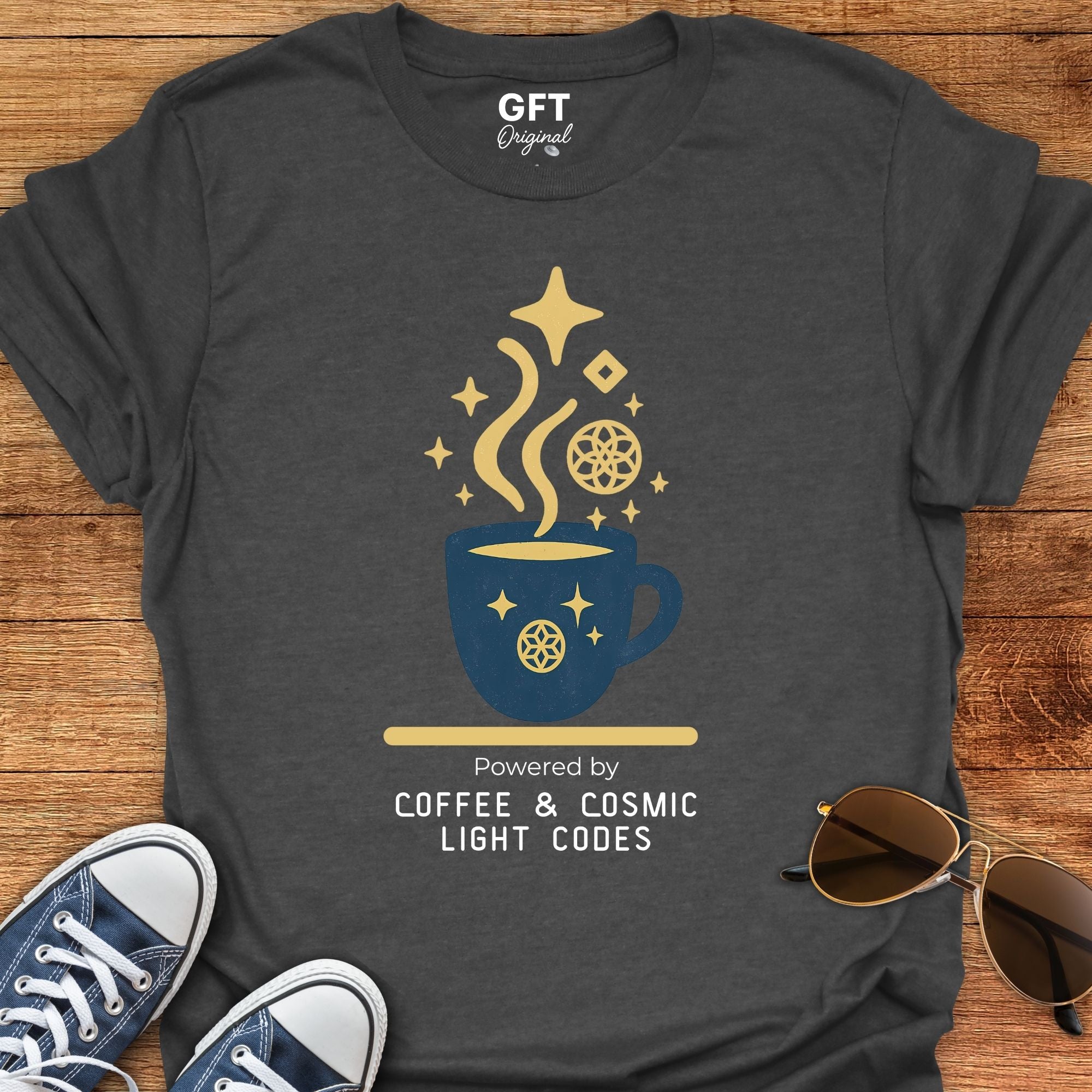 Powered by Coffee & Cosmic Light Codes - T-Shirt