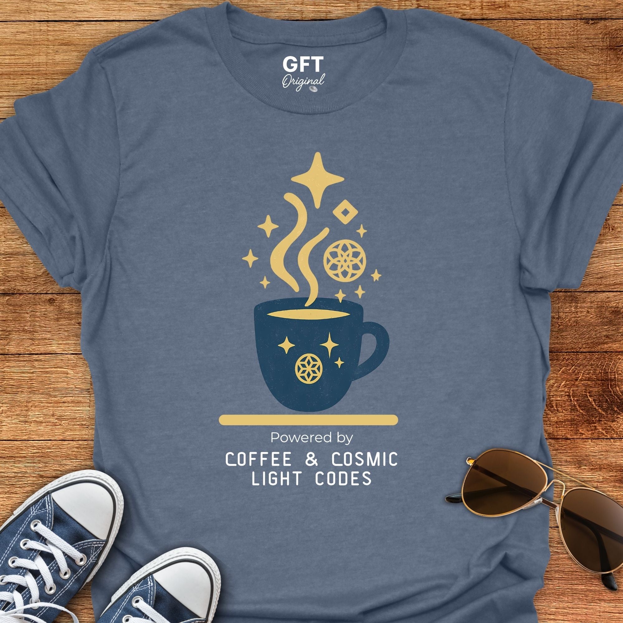 Powered by Coffee & Cosmic Light Codes - T-Shirt