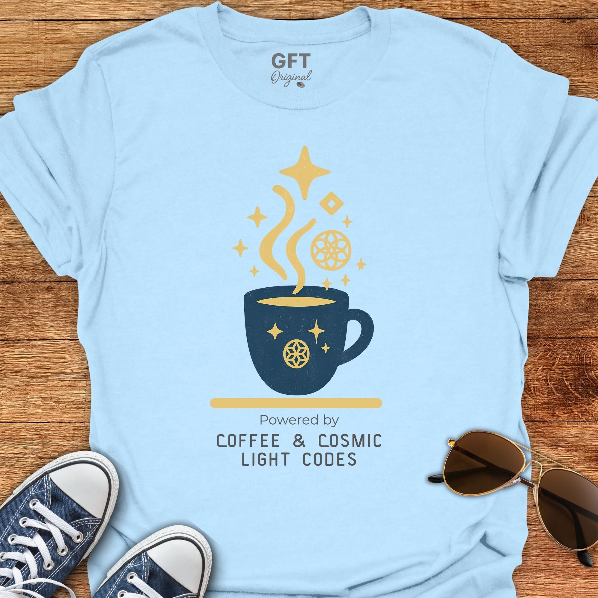 Powered by Coffee & Cosmic Light Codes - T-Shirt