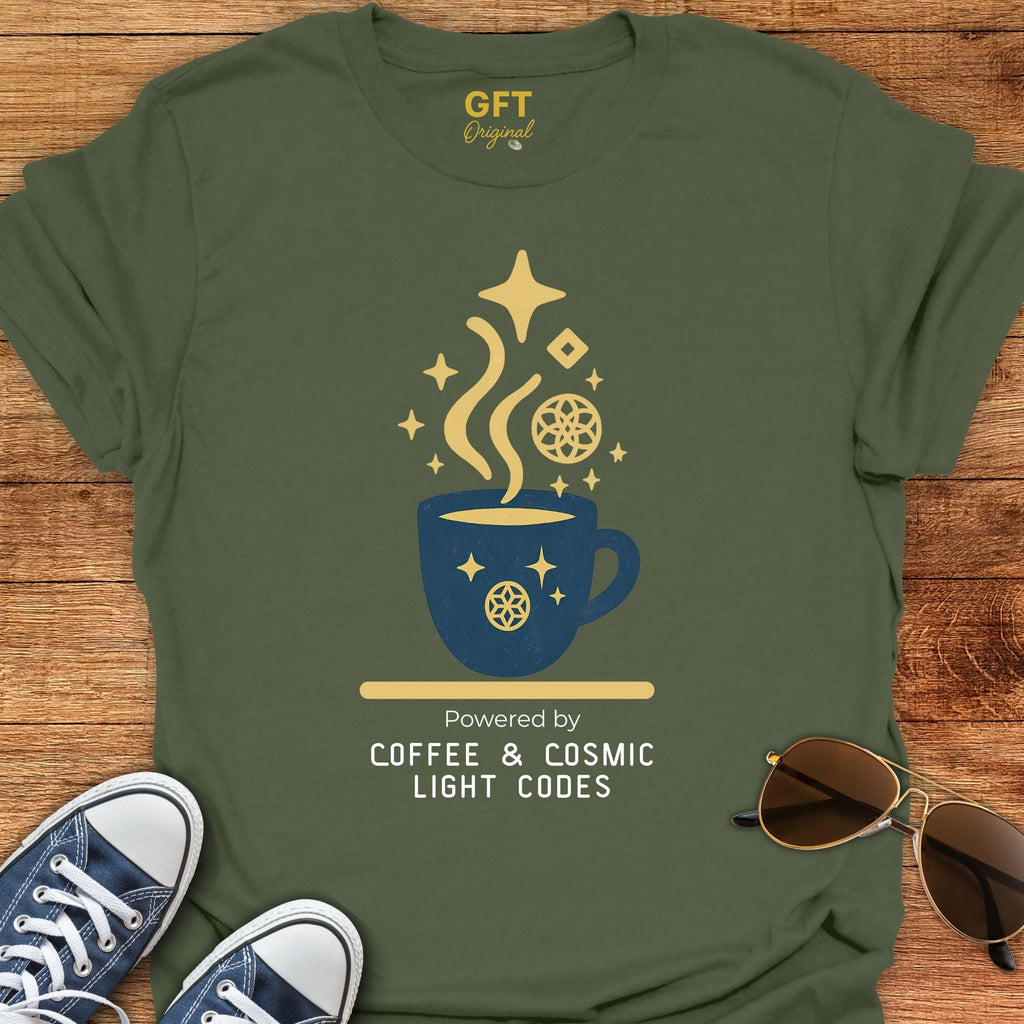 Powered by Coffee & Cosmic Light Codes - T-Shirt