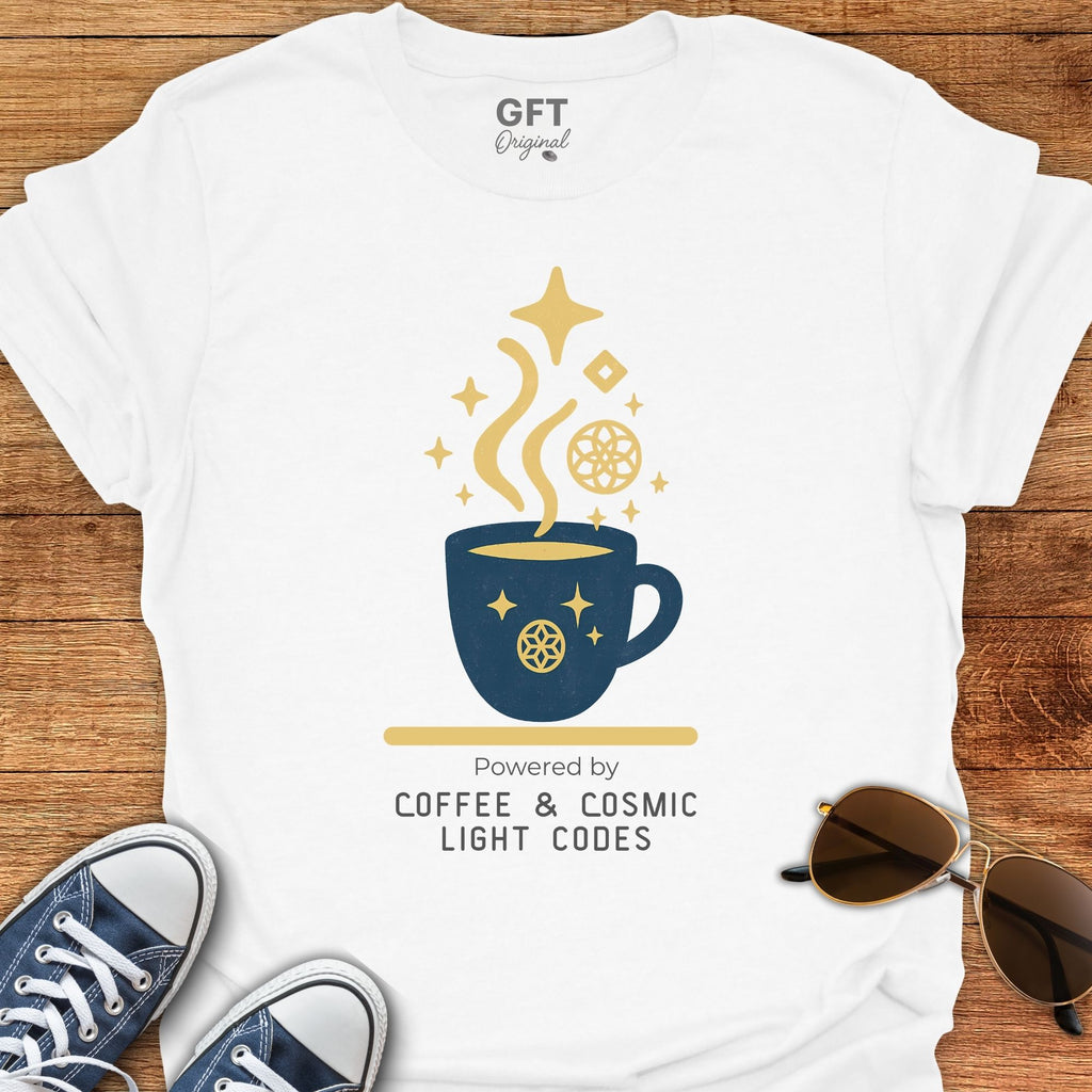 Powered by Coffee & Cosmic Light Codes - T-Shirt