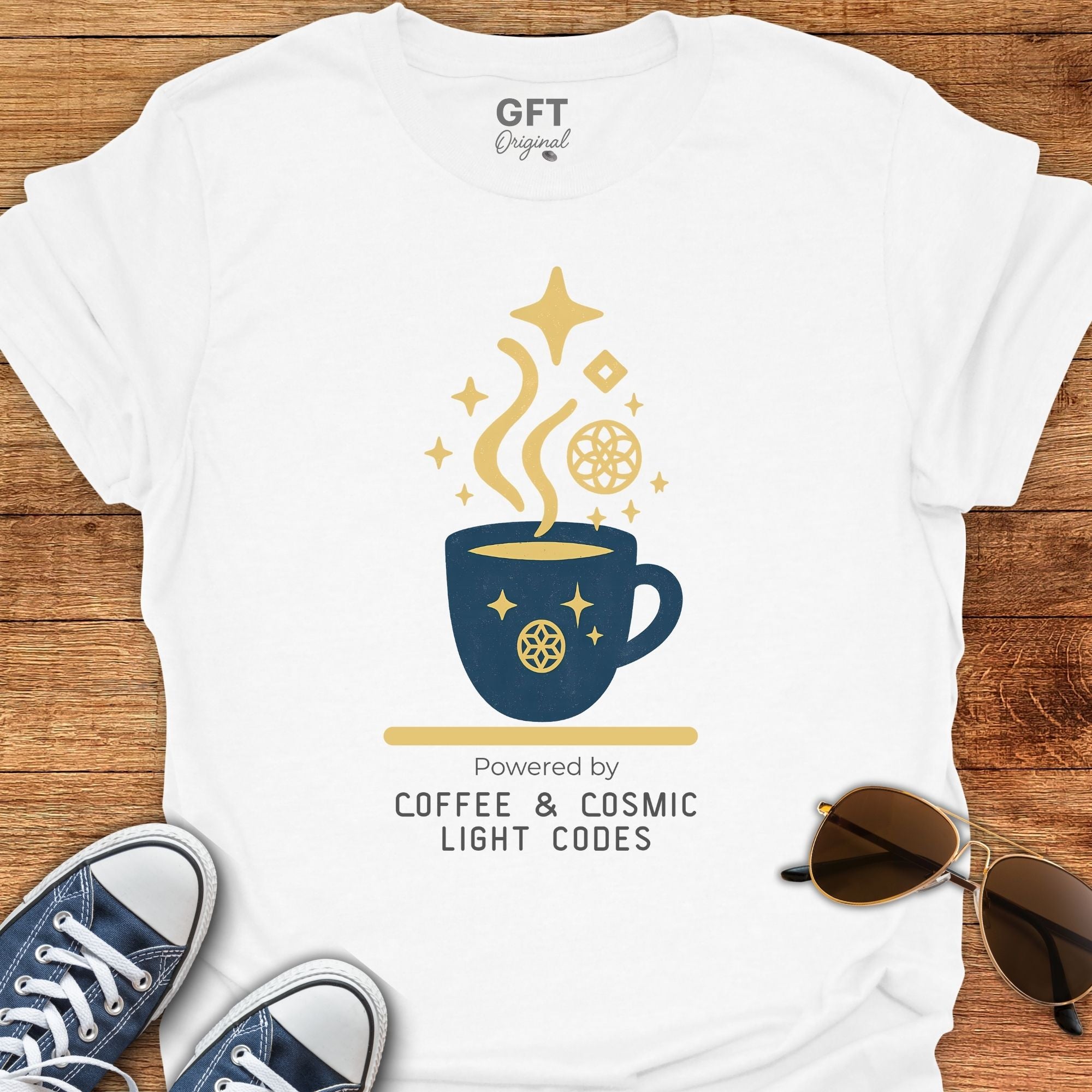 Powered by Coffee & Cosmic Light Codes - T-Shirt
