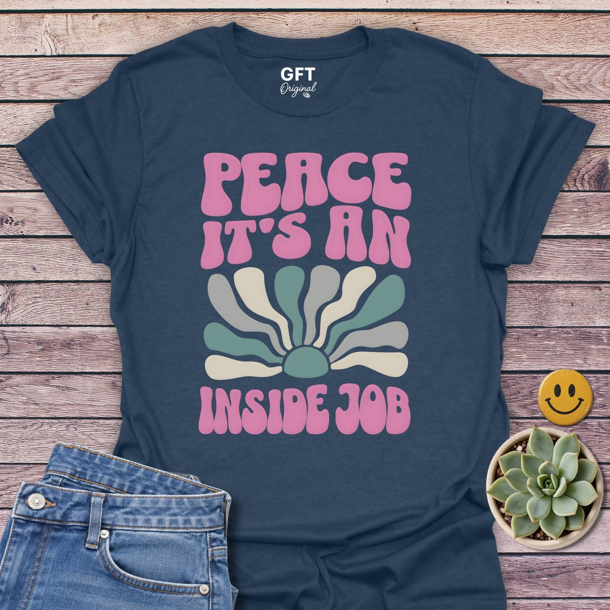 PEACE An Inside Job T-Shirt in Heather Navy