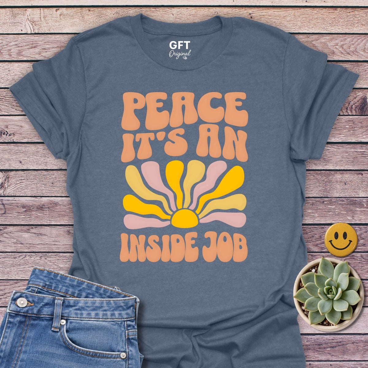 PEACE An Inside Job T-Shirt in Heather Indigo