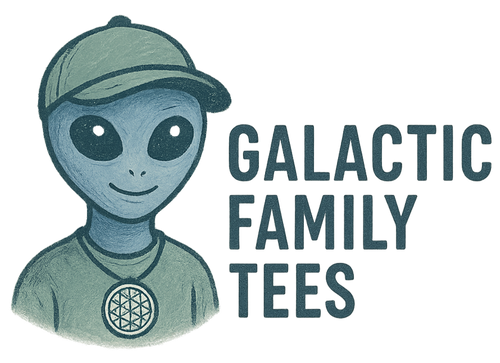 Logo of Galactic Family Tees with image of mascot, Jettan wearing a cap on a white background